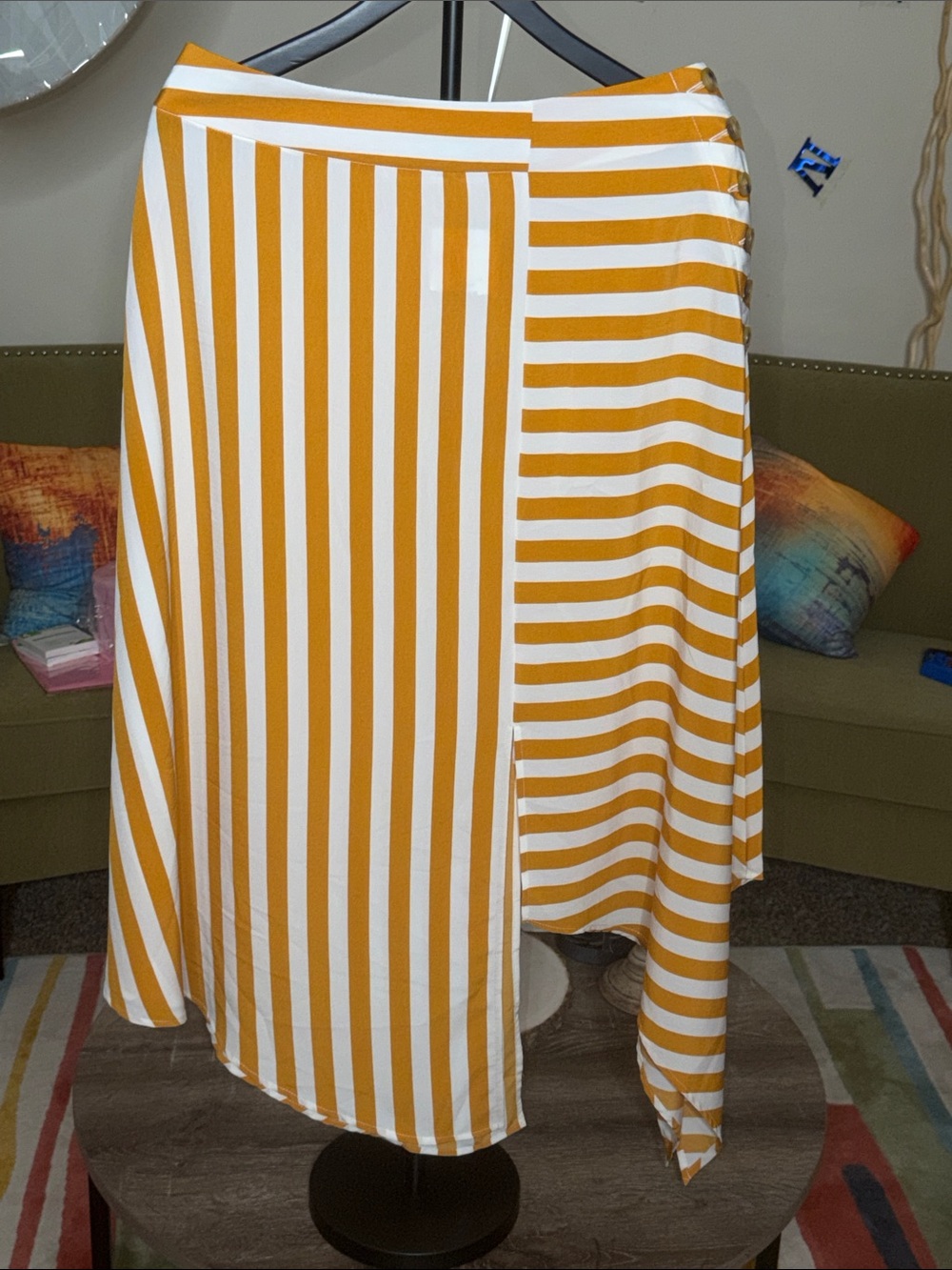 Women's Asymmetrical Striped Midi Skirt in Mustard and White